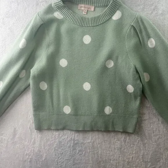 PHILOSOPHY Polka Dot Balloon Sleeve Sweater • Green & White • Size S • Crew Neck - Picture 5 of 5